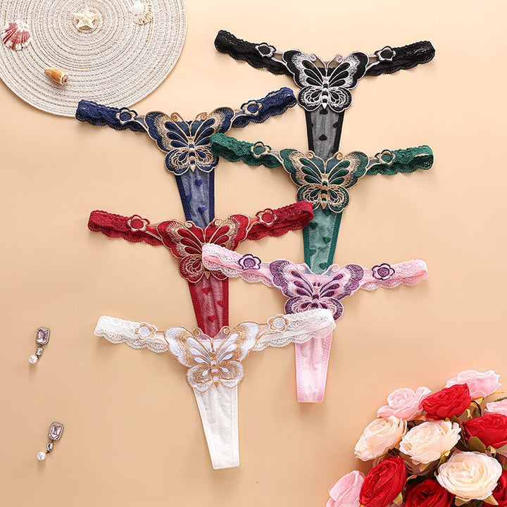 Butterfly Embroidered Sheer Lace Thong
