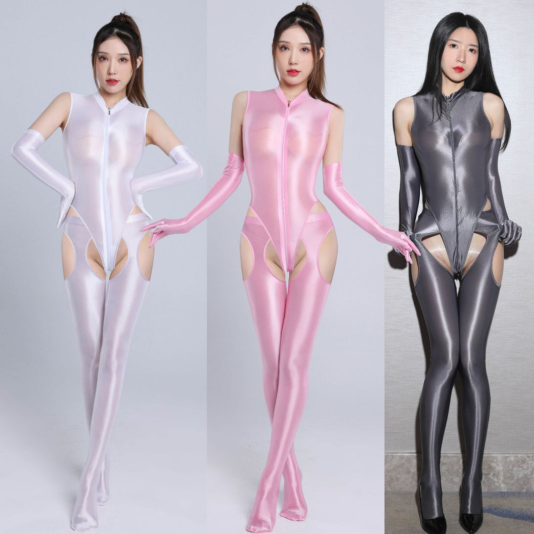 Shiny Spandex Double Zipper Cutout Catsuit