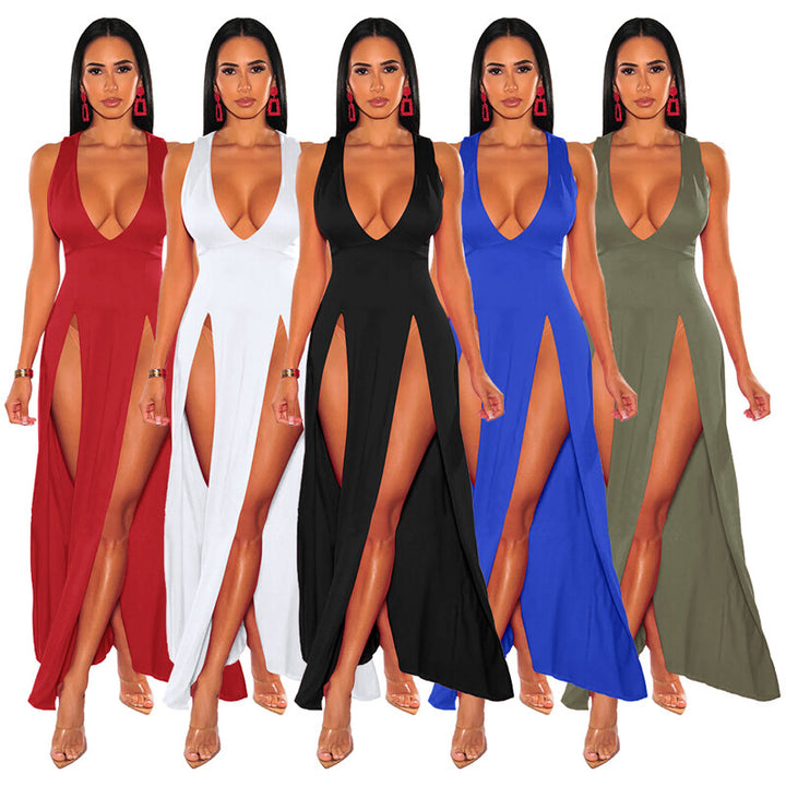 Deep V Plunge High Slit Maxi Dress
