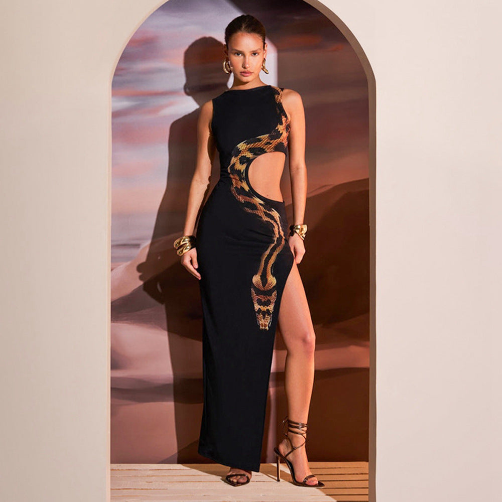 Snake Print Side Cutout Maxi Dress