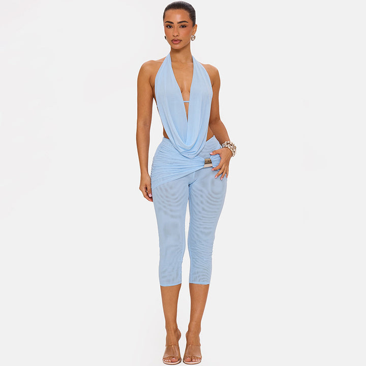 Draped Halter Backless Romper Set