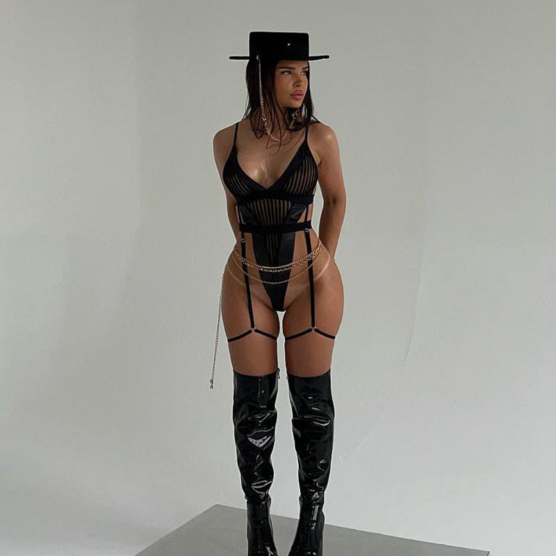 Sin Lines Sheer Striped Mesh Bodysuit