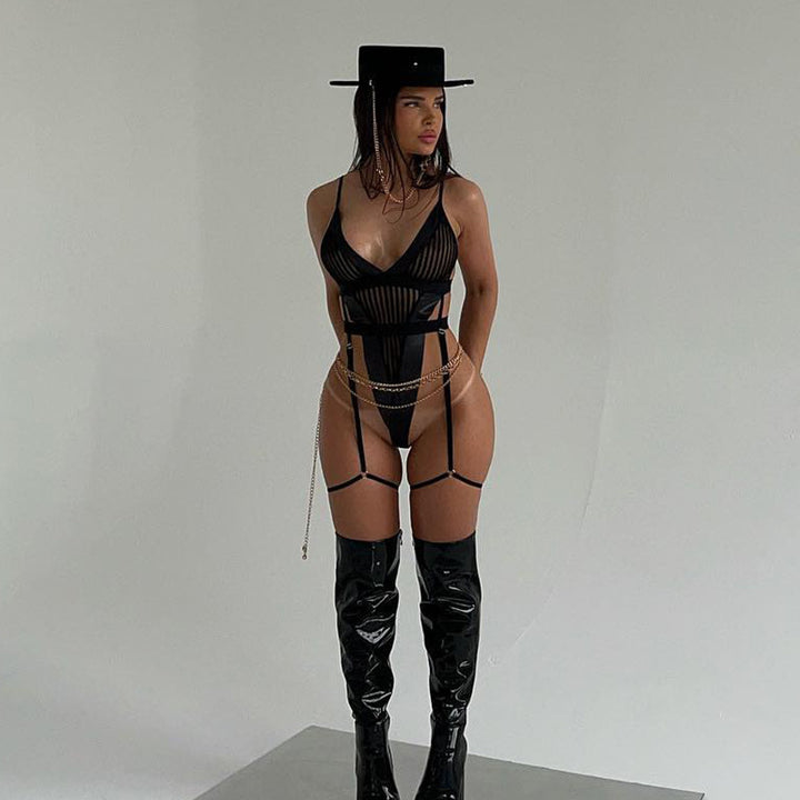 Sin Lines Sheer Striped Mesh Bodysuit