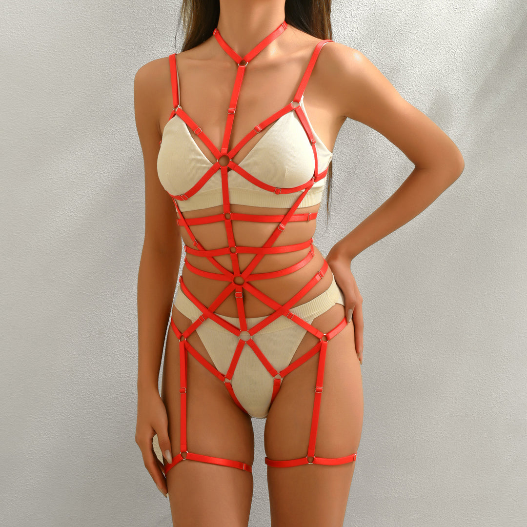 Leather Strappy Harness Bodysuit Lingerie Set