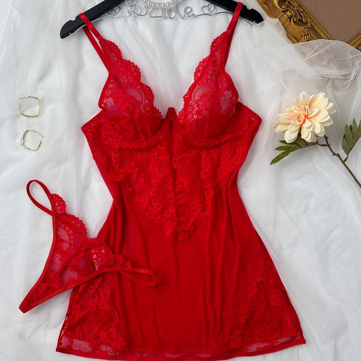 Deep V Lace Sheer Chemise Set