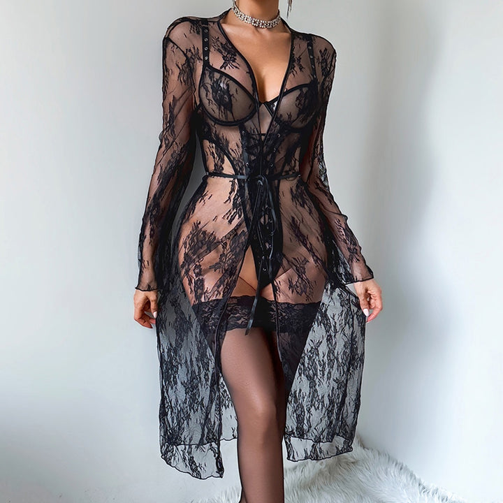 Lace-Up Sheer Teddy & Robe Set