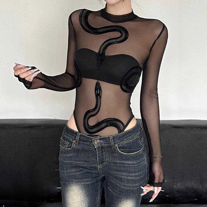 Velvet Snake Print Sheer Mesh Long Sleeve Bodysuit