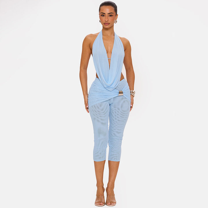 Draped Halter Backless Romper Set