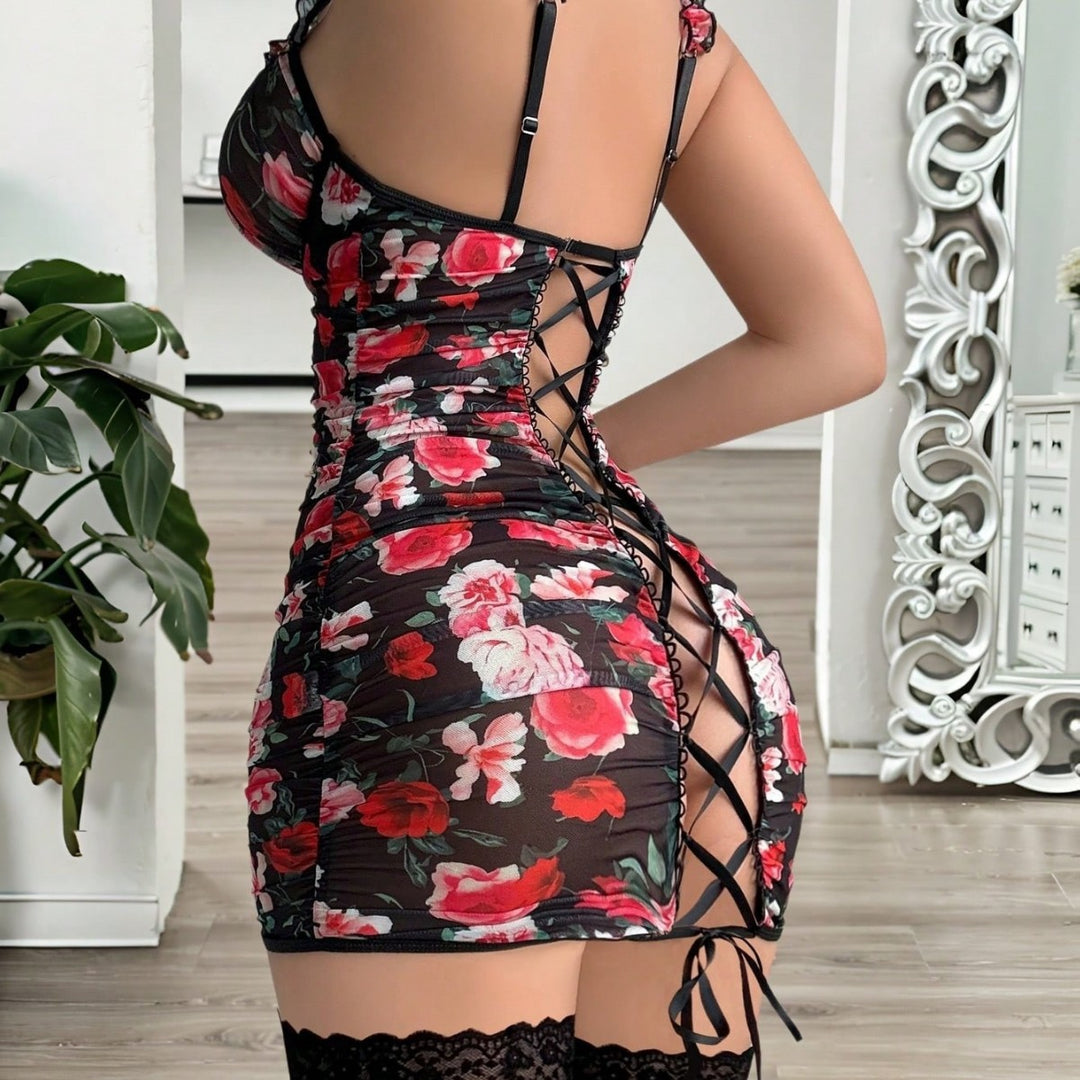 Floral Sheer Lace-Up Garter Dress
