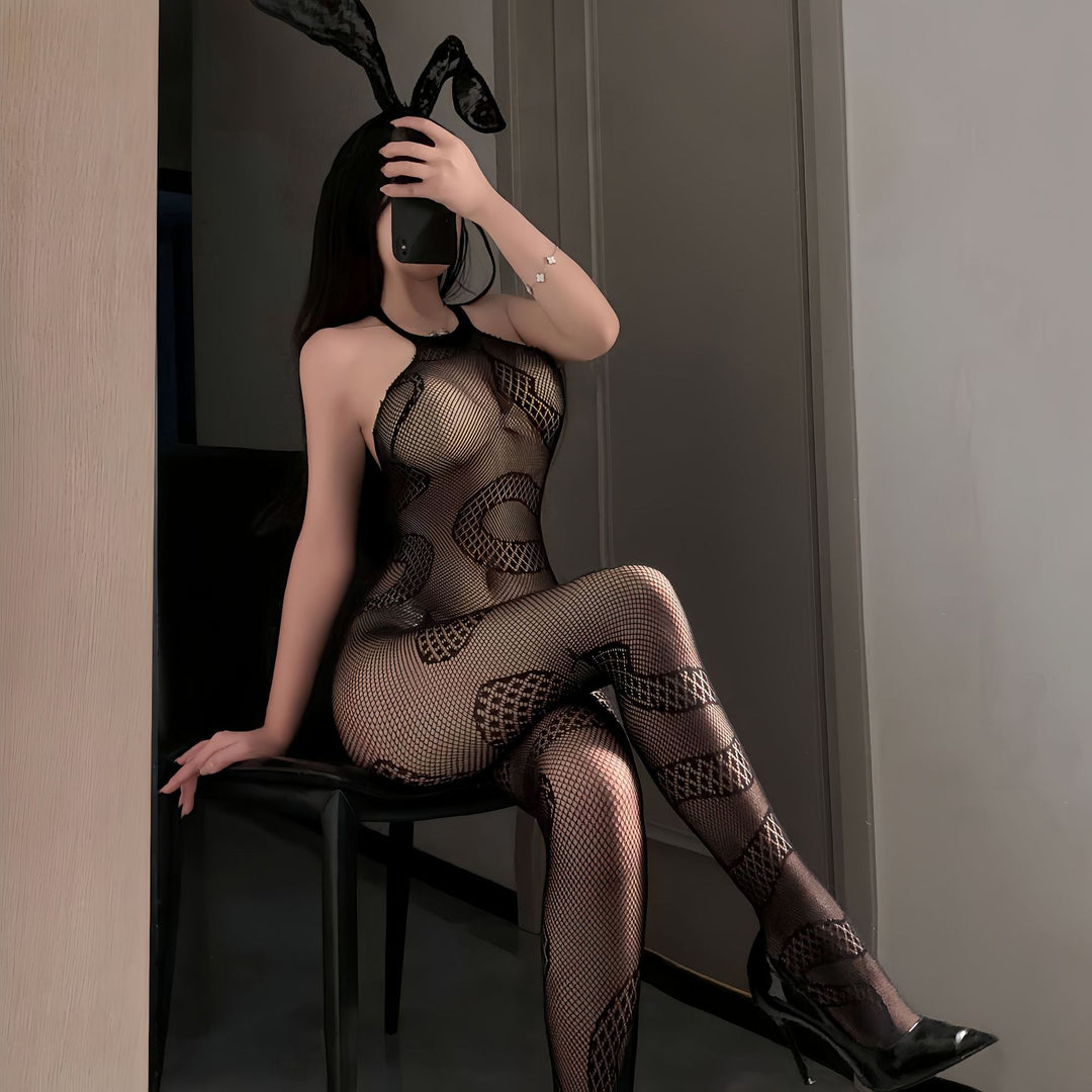 Snake Jacquard Fishnet Halter Bodystocking
