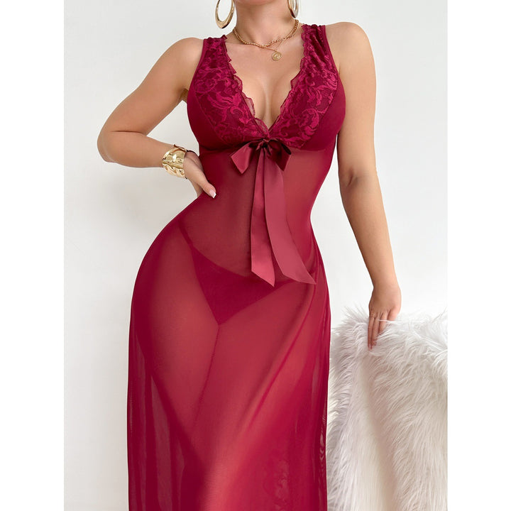 Sheer Lace Deep V Halter Maxi Nightdress