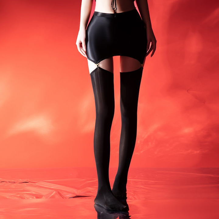 Glossy Mini Skirt Thigh High Stockings