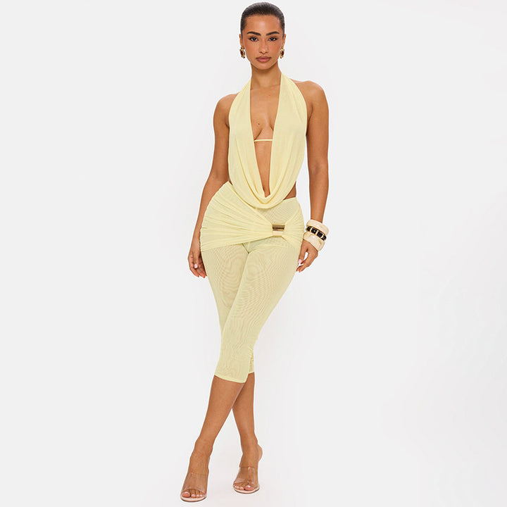 Draped Halter Backless Romper Set