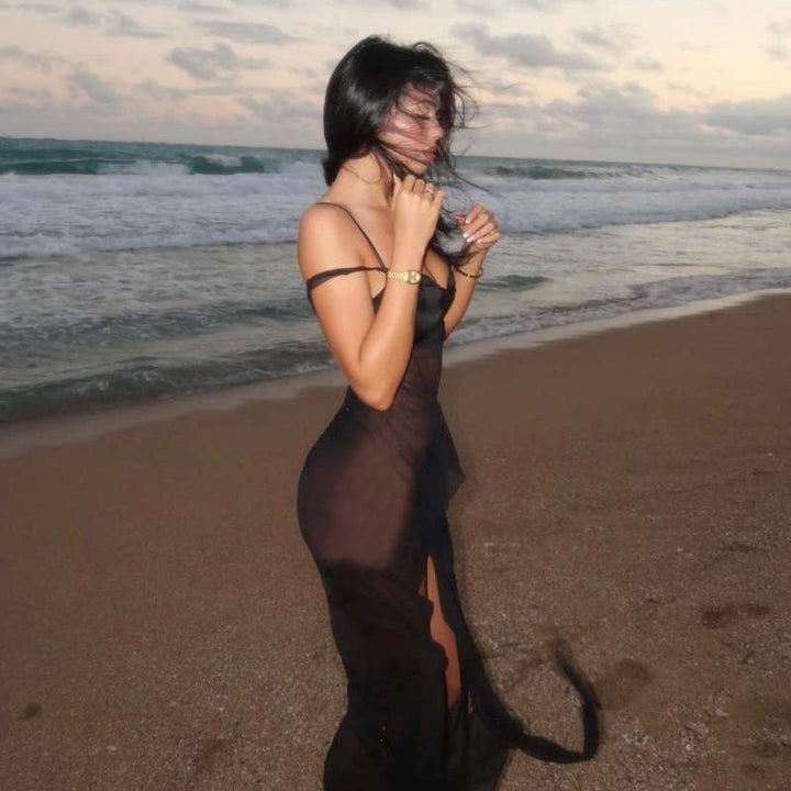 Sheer Mesh Asymmetric Maxi Dress