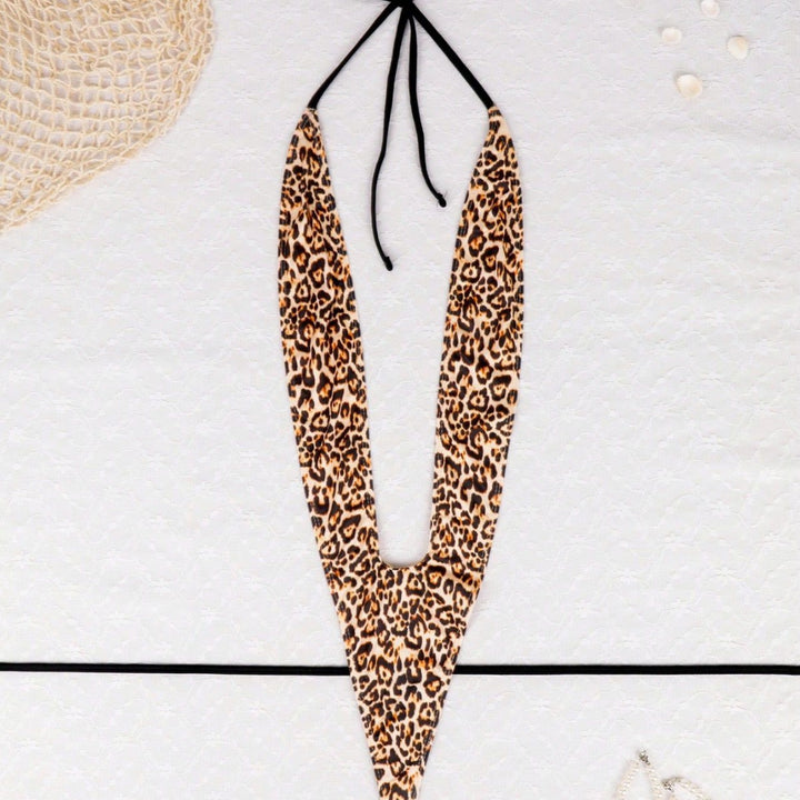 Leopard Print Plunge Halter Cutout Bodysuit