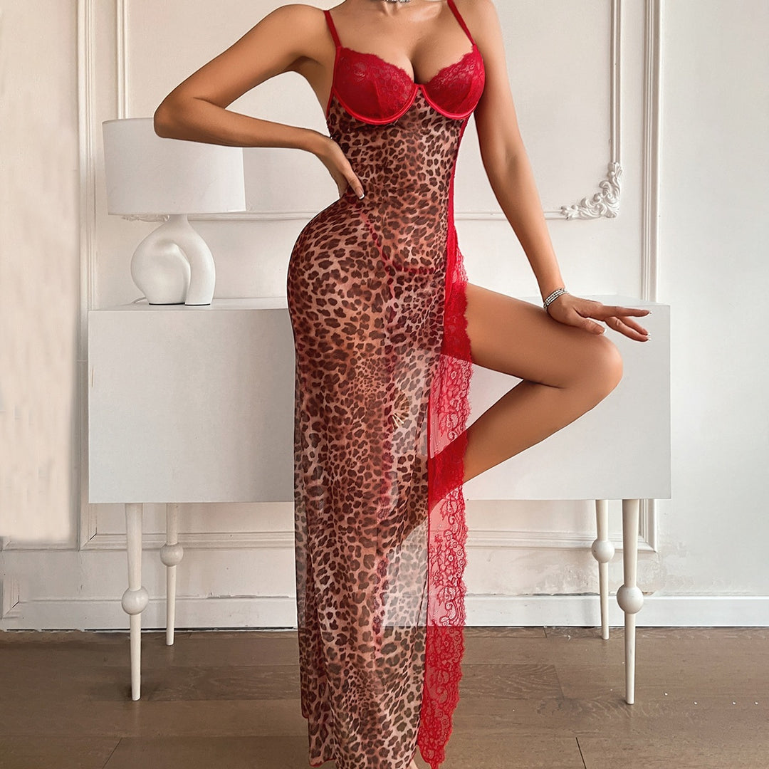 Leopard Print Sheer Lace High-Slit Chemise Set