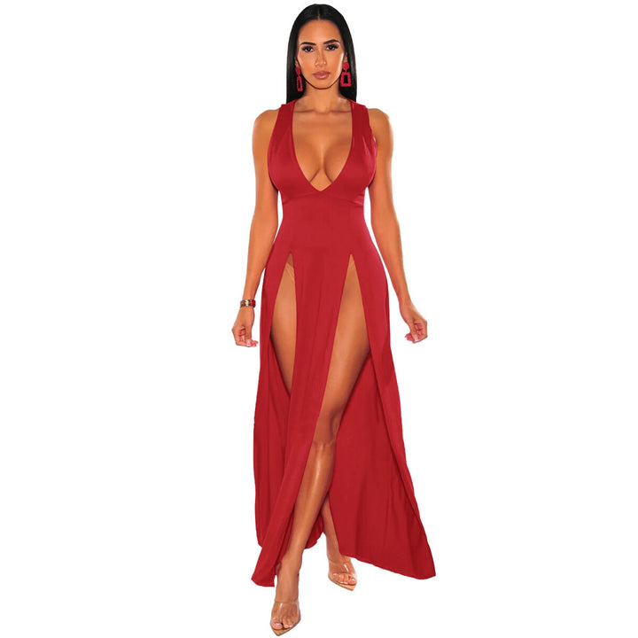 Deep V Plunge High Slit Maxi Dress