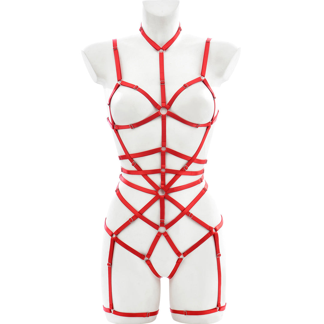 Leather Strappy Harness Bodysuit Lingerie Set