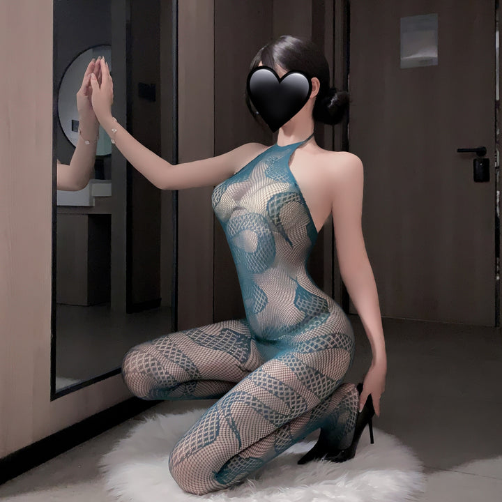 Snake Jacquard Fishnet Halter Bodystocking