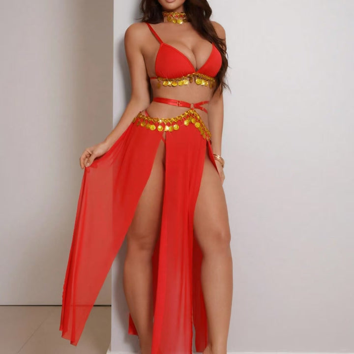 High Slit Coin Belt Skirt Lingerie Set