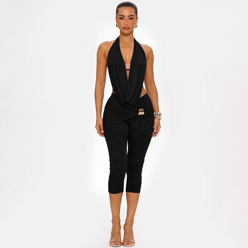 Draped Halter Backless Romper Set