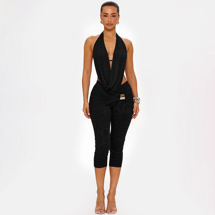 Draped Halter Backless Romper Set