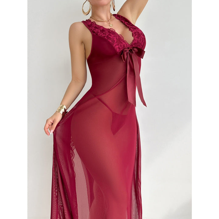 Sheer Lace Deep V Halter Maxi Nightdress