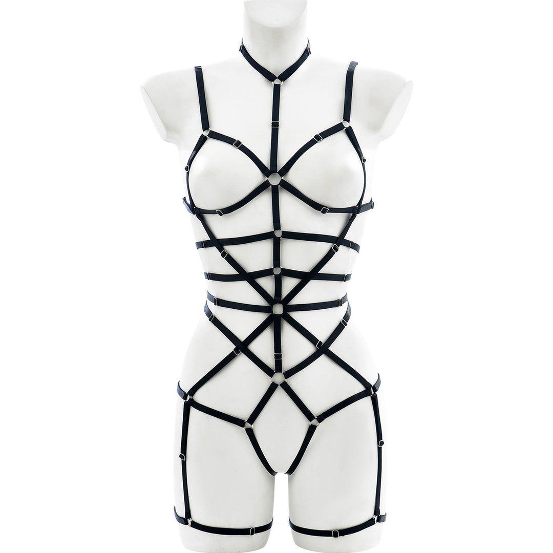 Leather Strappy Harness Bodysuit Lingerie Set