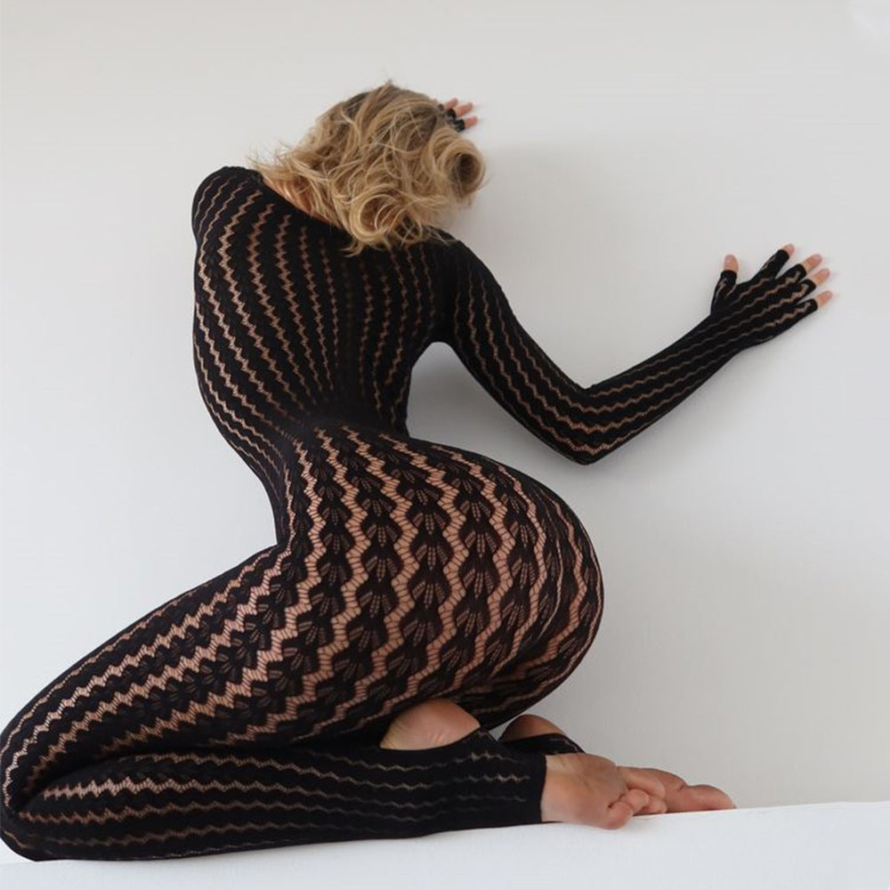Sheer Jacquard Striped Bodystocking