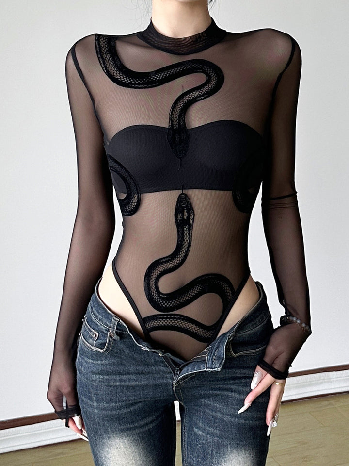 Velvet Snake Print Sheer Mesh Long Sleeve Bodysuit