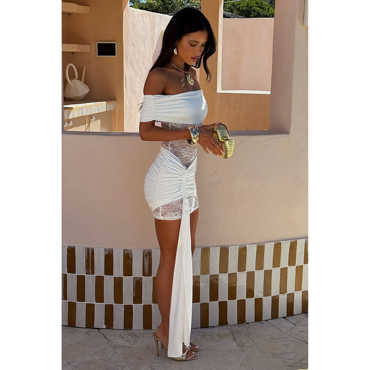 Off Shoulder Lace Ruched Mini Dress