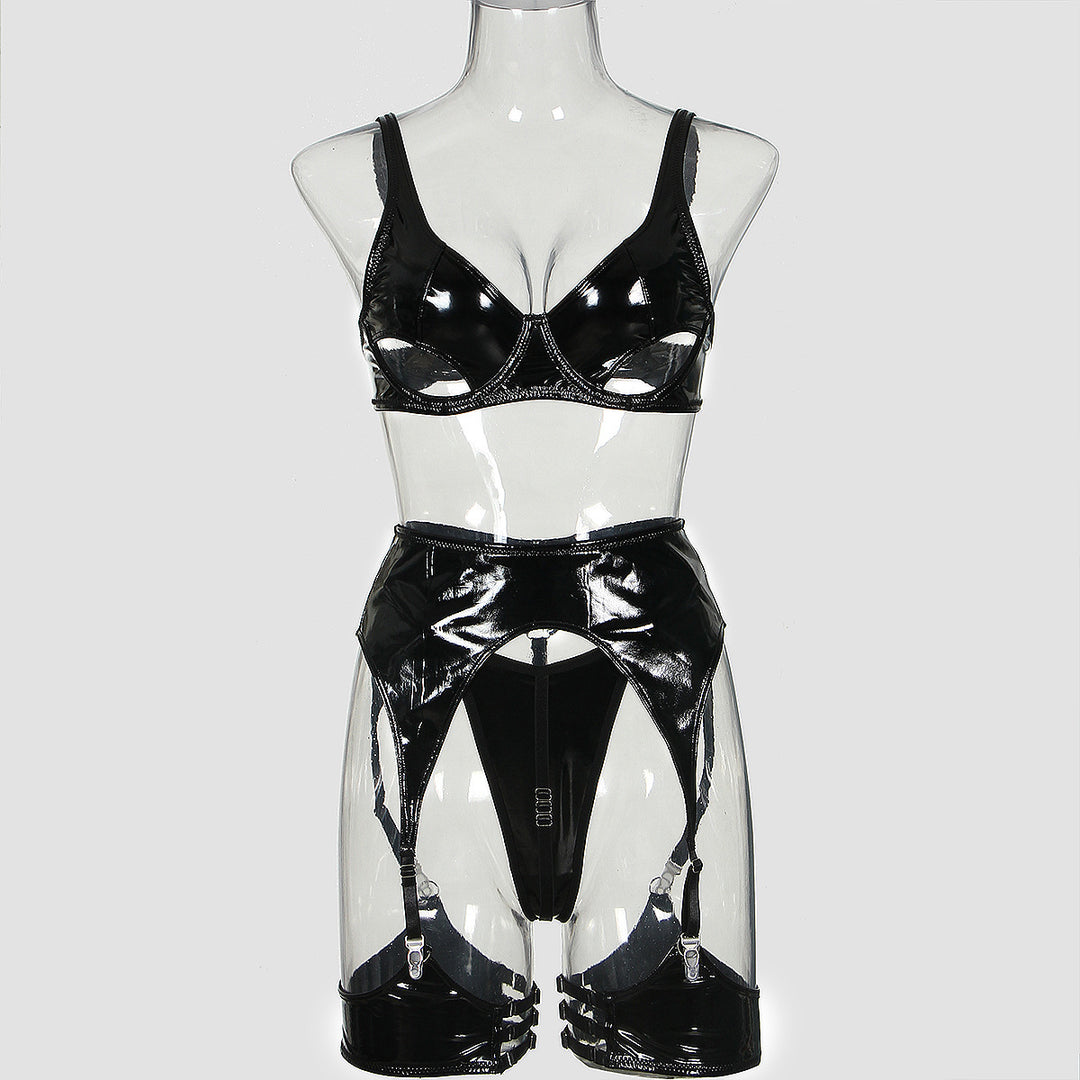Patent PU Cutout Demi Bra Garter Lingerie Set