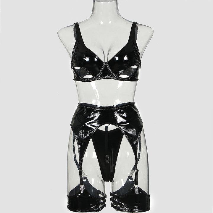 Patent PU Cutout Demi Bra Garter Lingerie Set