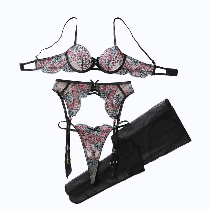 Embroidered Lace Mesh Garter Lingerie Set