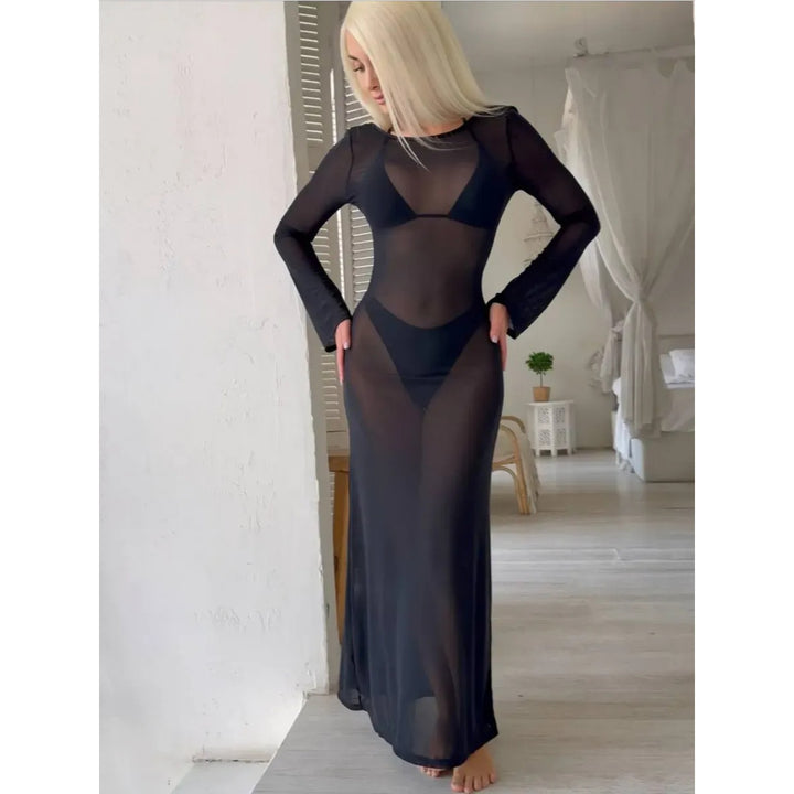 Long Sleeve Open Back Mesh Cover-Up Set