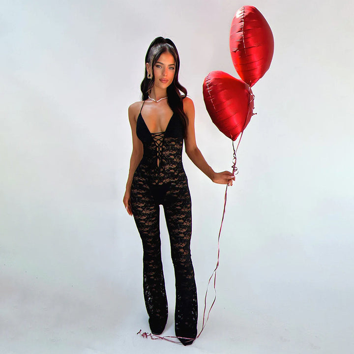 Halter Lace-Up Flare Jumpsuit