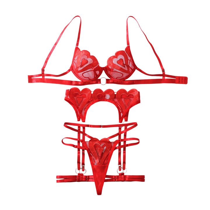 Heart Embroidered Sheer Underwire Garter Lingerie Set