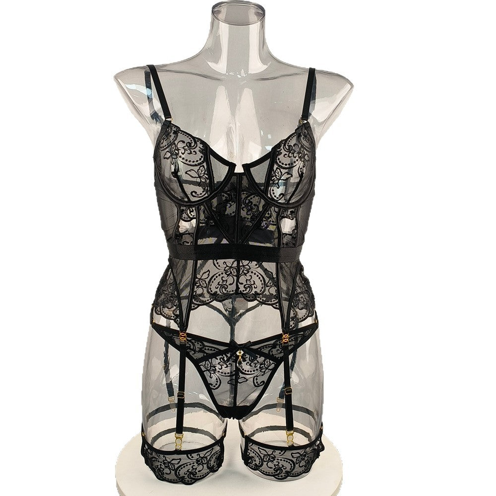 Elegant Sheer Lace Corset Garter Set