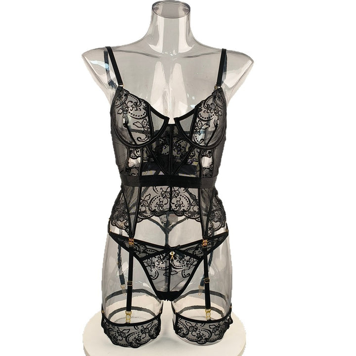Elegant Sheer Lace Corset Garter Set