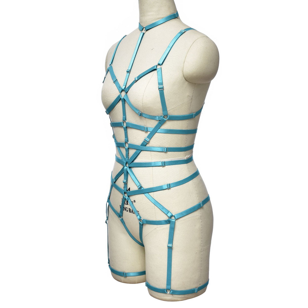 Leather Strappy Harness Bodysuit Lingerie Set