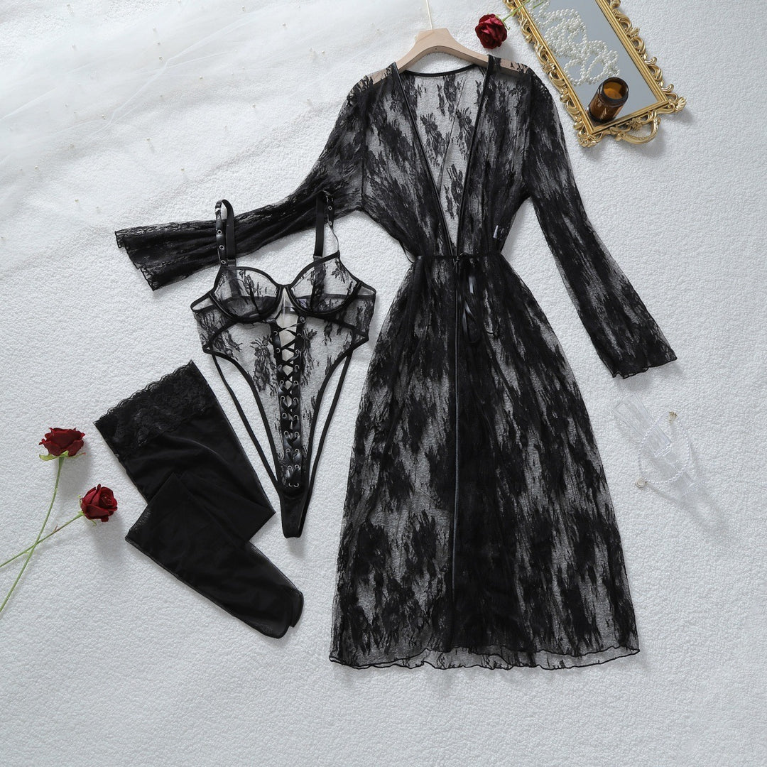 Lace-Up Sheer Teddy & Robe Set
