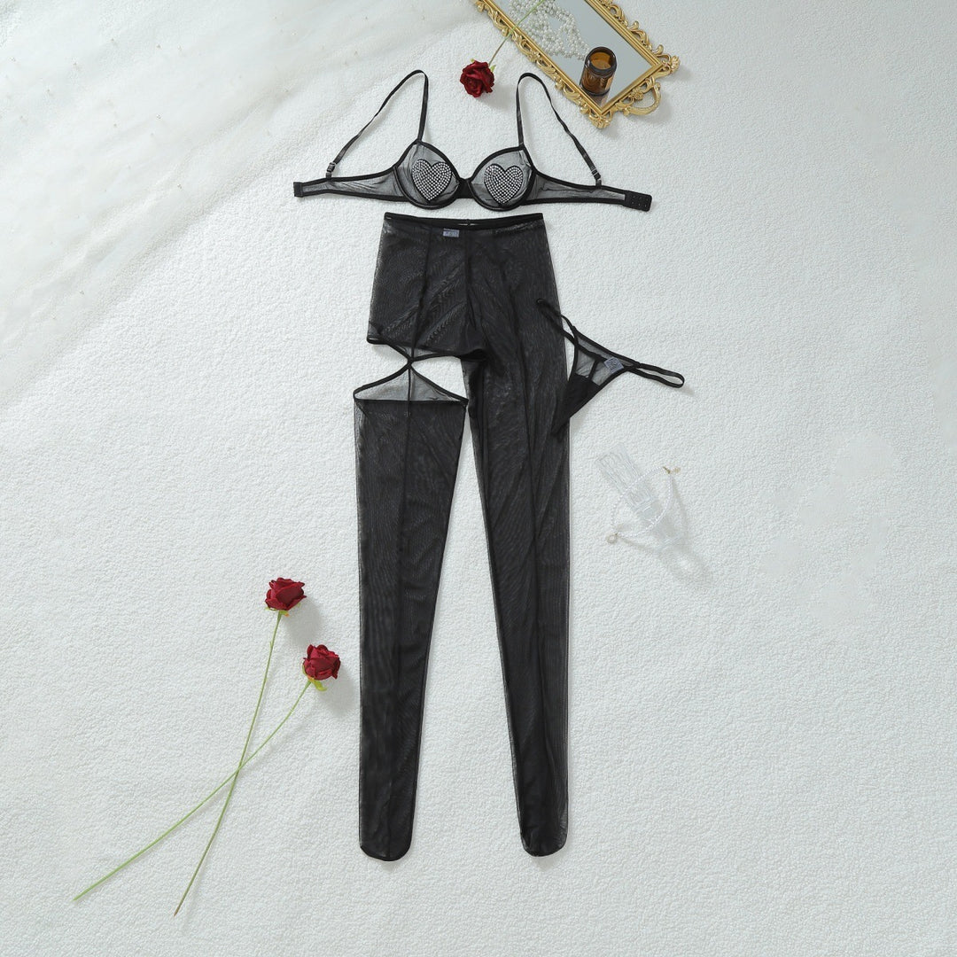 Sheer Mesh Heart Bra & Pantyhose Set