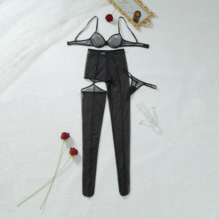 Sheer Mesh Heart Bra & Pantyhose Set