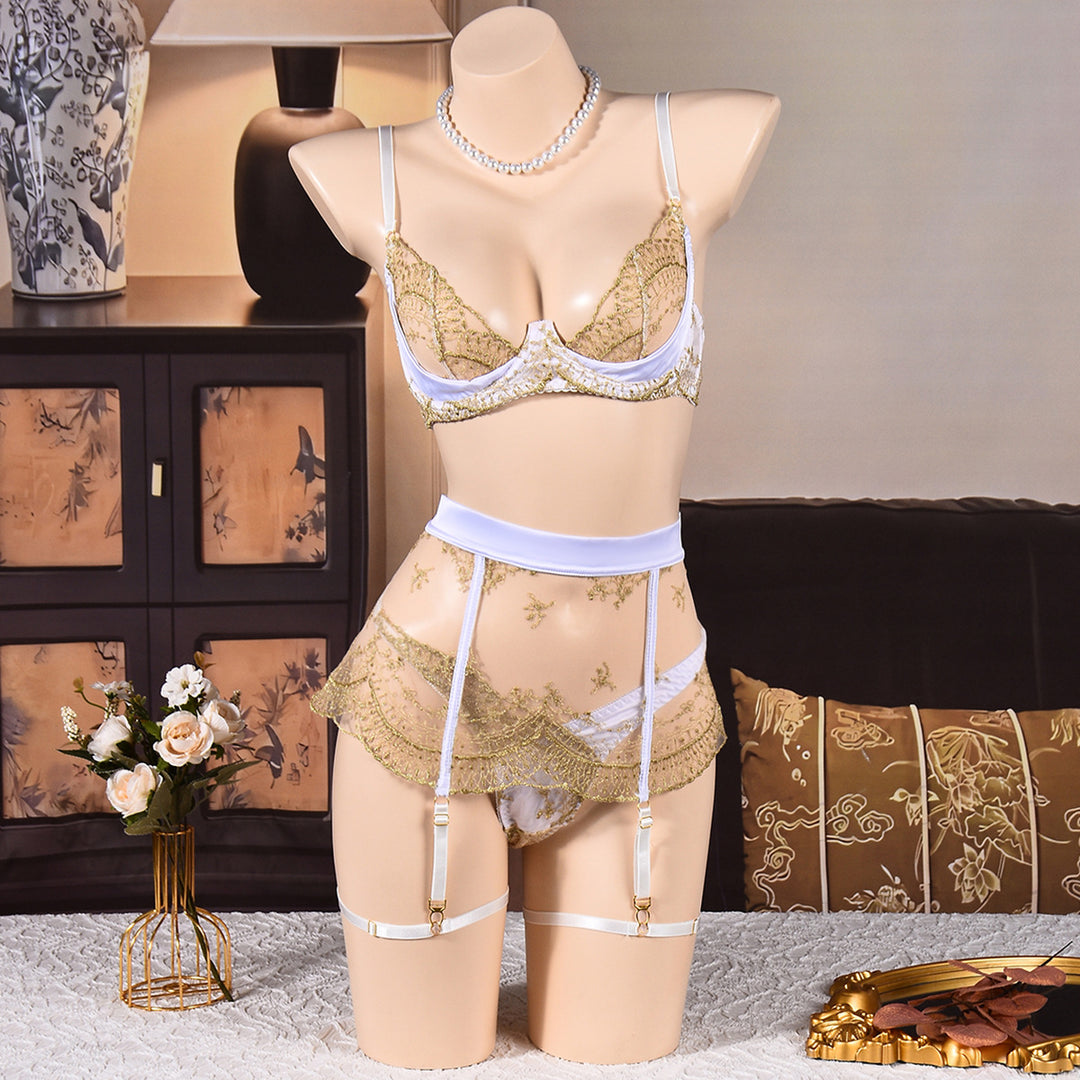 Romantic Sheer Lace Bralette Set - Floral Embroidery Underwear