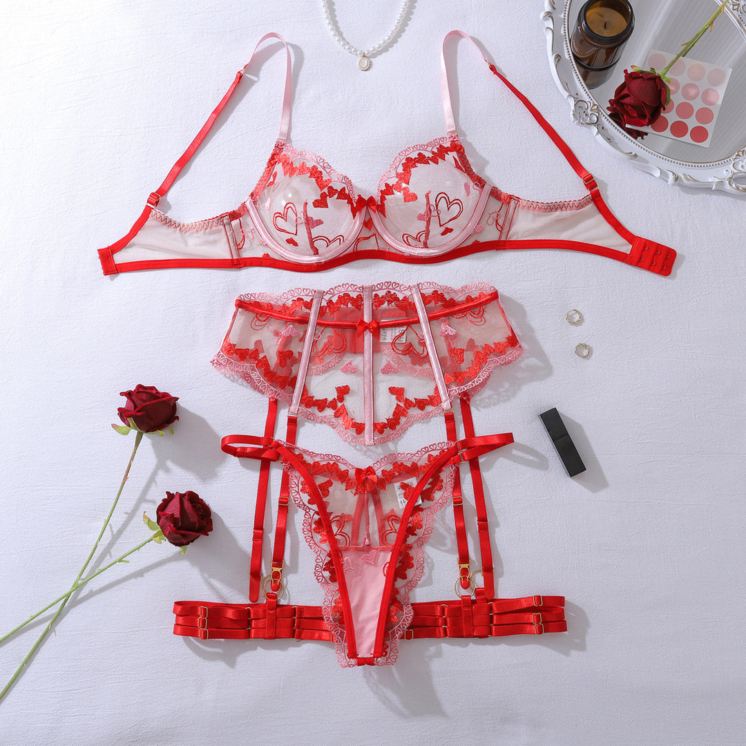 Heart Embroidery Lace Corset Lingerie Set