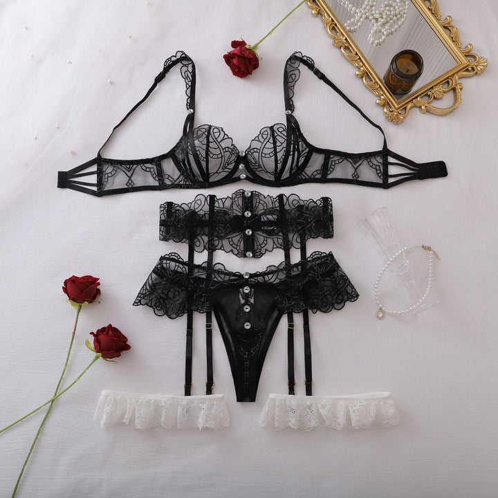 Embroidered Sheer Lingerie Set with Lace Thigh Rings
