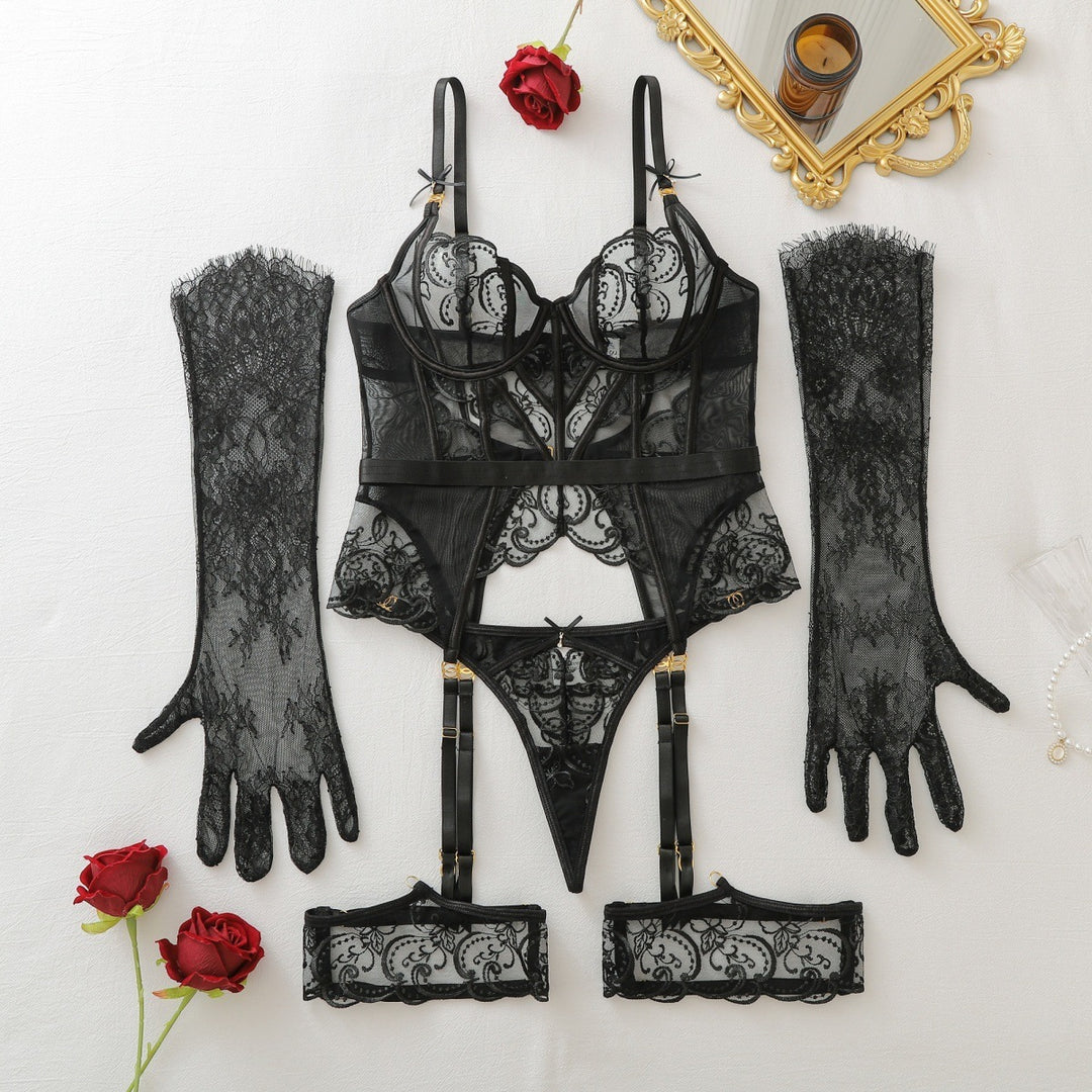 Elegant Sheer Lace Corset Garter Set
