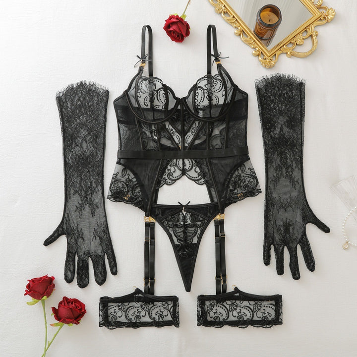 Elegant Sheer Lace Corset Garter Set