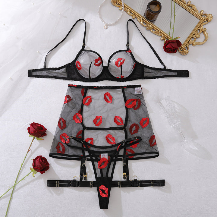 Sheer Red Lip Embroidered Mesh Lingerie Set 💋