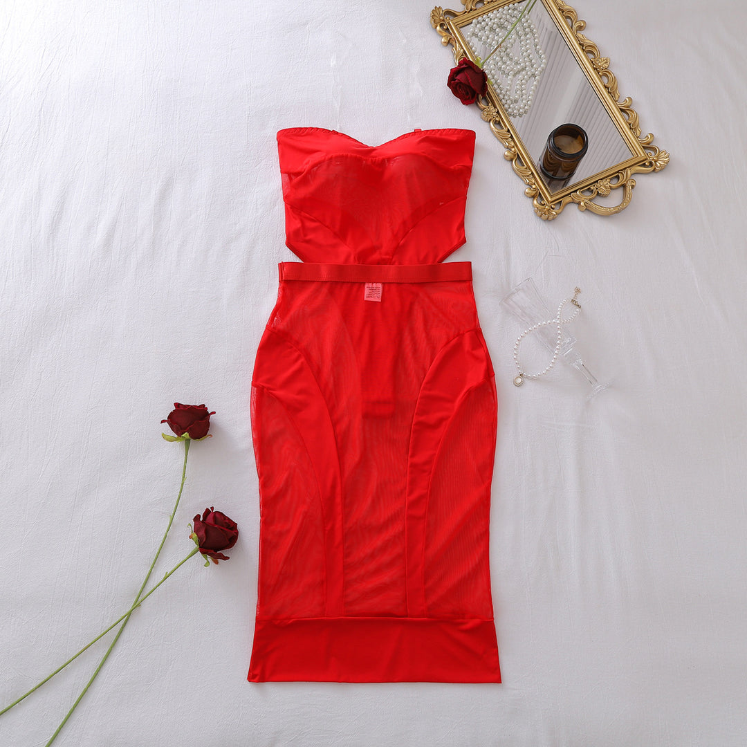 Sheer Mesh Strappy Corset Mini Dress Set